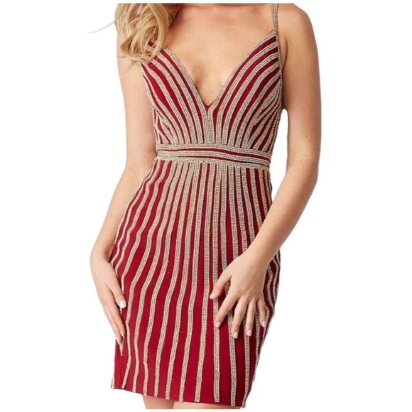 JOVANI SHORT COCKTAIL dress 55640 in Burgundy red with gold rhinestone size 20 - Picture 1 of 12